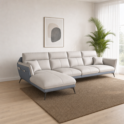 Rio - L shape sectional sofa, three-quarter view showing the chaise and depth