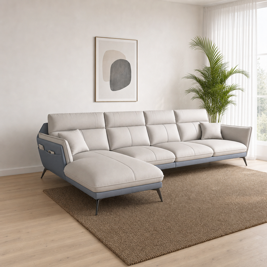 Rio - L shape sectional sofa, three-quarter view showing the chaise and depth