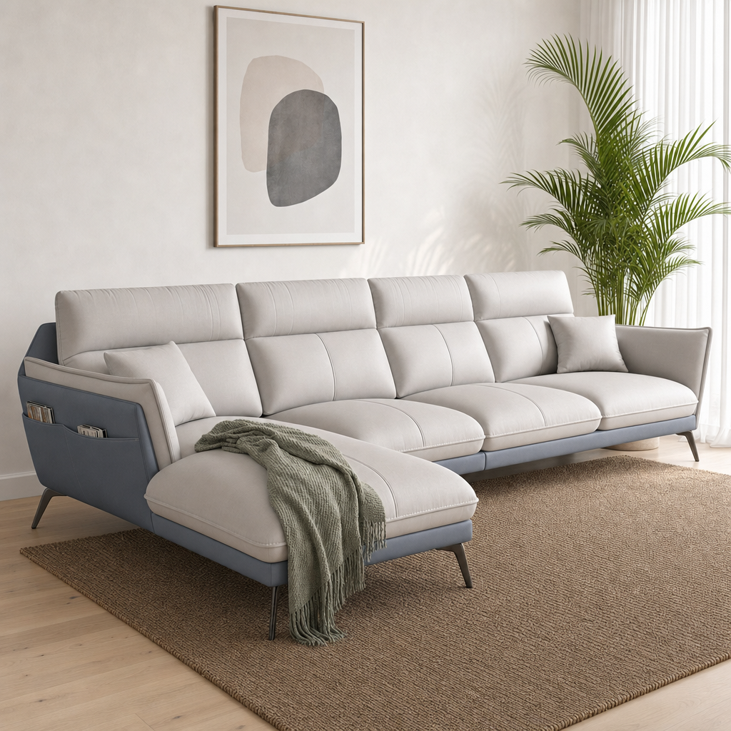 Rio - L shape sectional sofa styled with a sage-green throw