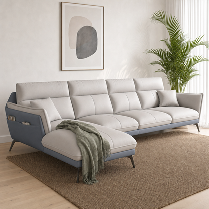 Rio - L shape sectional sofa styled with a sage-green throw