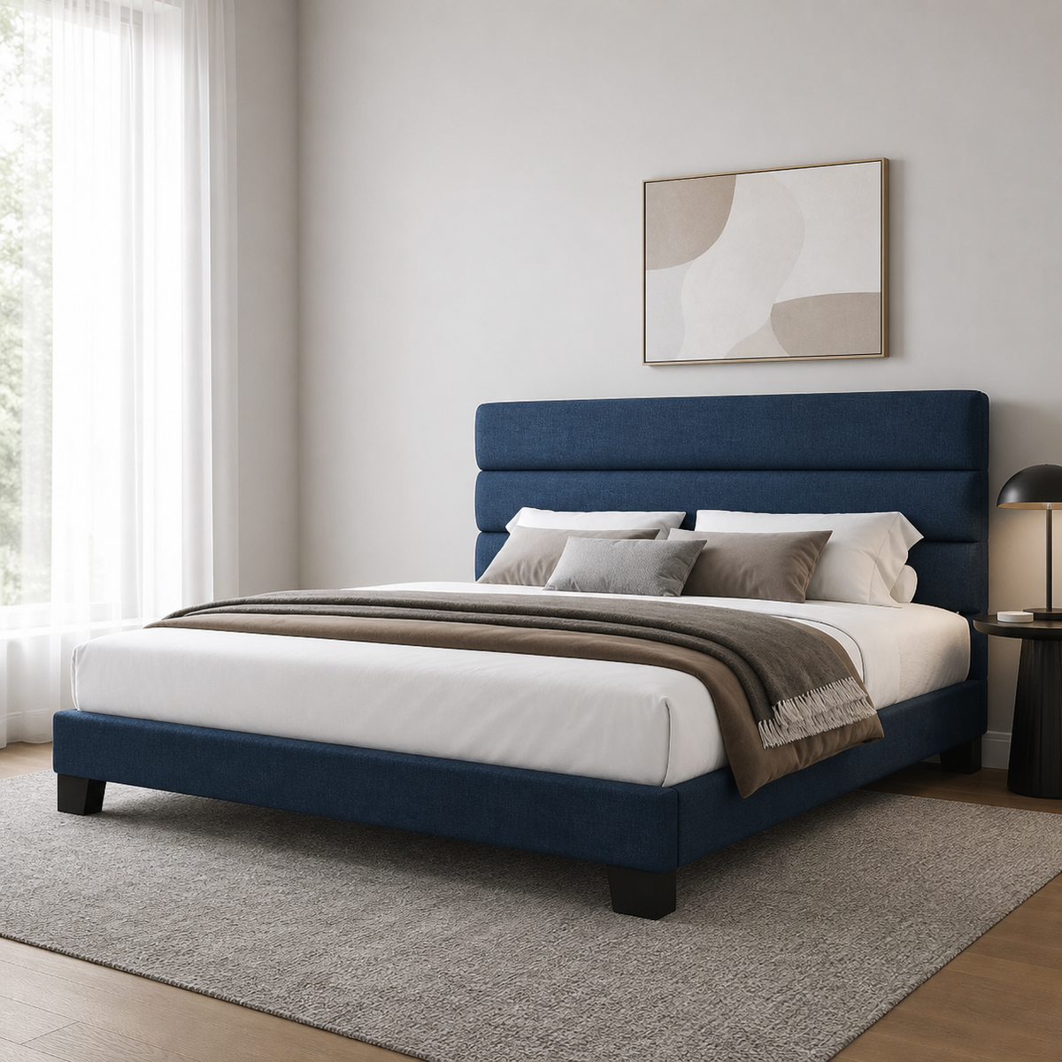 Rook - Bed, complete front three-quarter bed view in a restrained bedroom