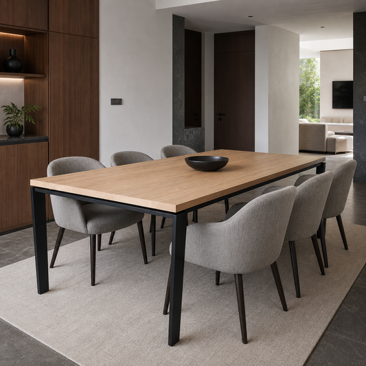 Rune - Wooden Top Dining Table, complete front three-quarter dining view in a contemporary room