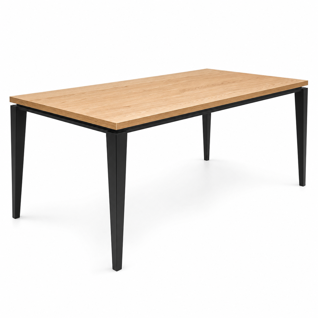 Rune - Wooden Top Dining Table, complete set front three-quarter studio view