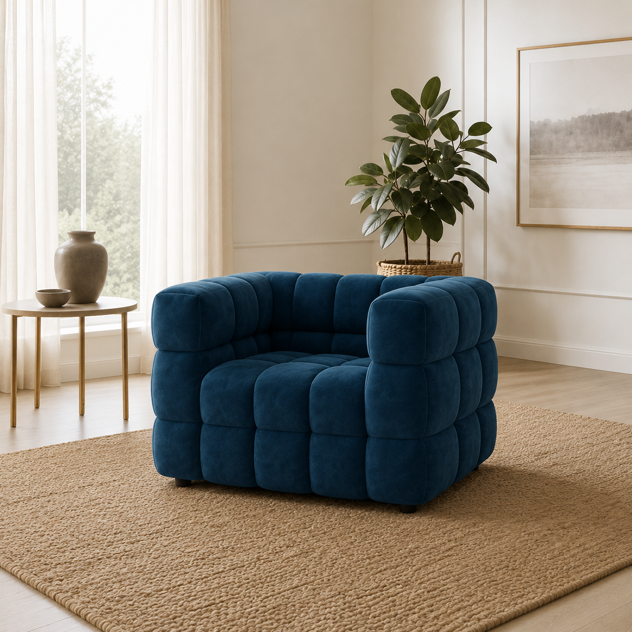 Rust 3+2+1 Sofa Set, 1 seater, blue, room view