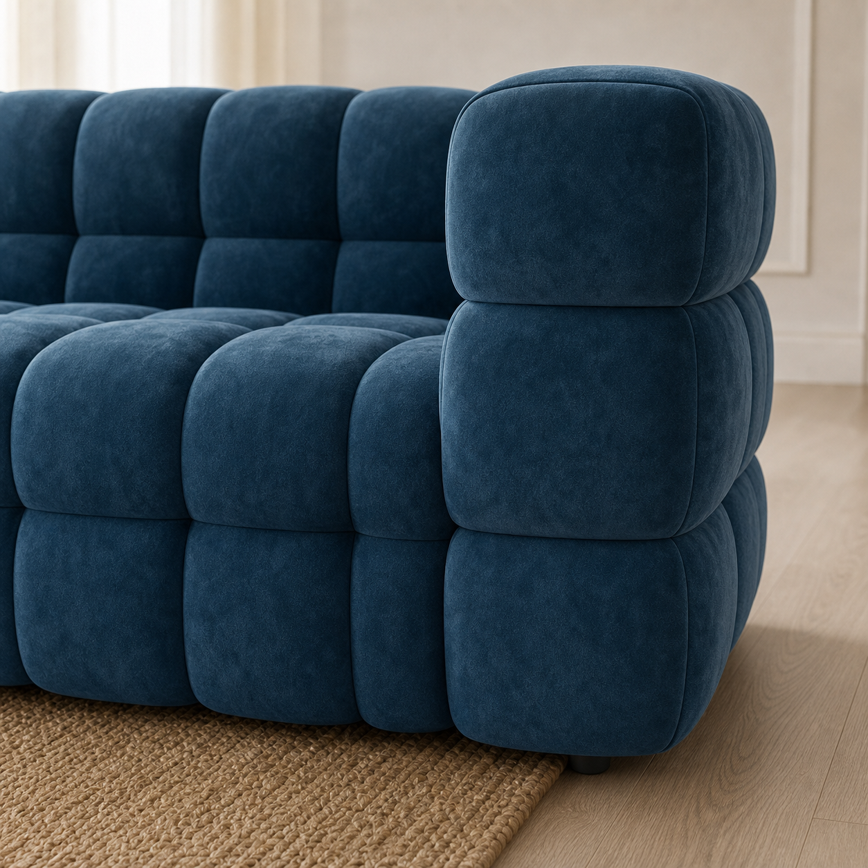 Detail view of Rust - 3+2+1 Sofa Set upholstery, seams, base, and legs