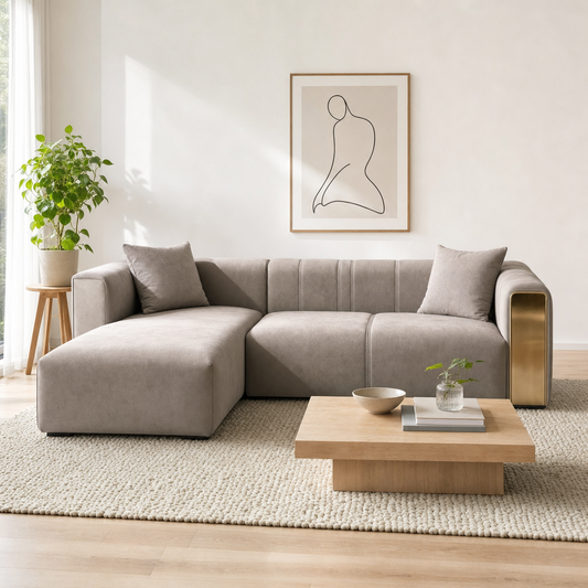 Sage - L shape sectional sofa in warm greige suede, front view in a modern living room