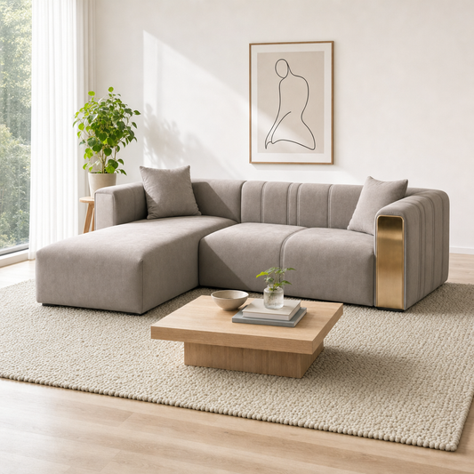 Sage - L shape sectional sofa, three-quarter view showing the chaise and depth
