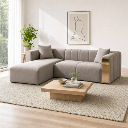 Sage - L shape sectional sofa, three-quarter view showing the chaise and depth