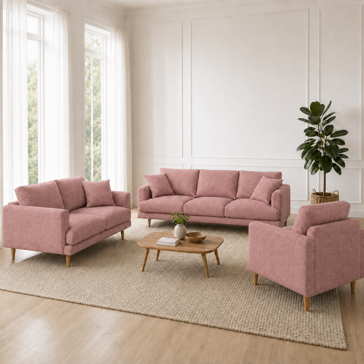 Seren 3+2+1 Sofa Set, 3+2+1 full set, pink, room view