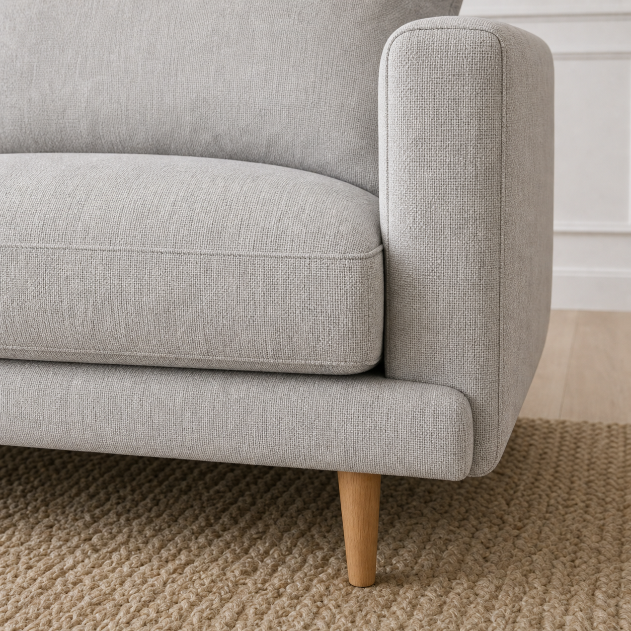 Detail view of Seren - 3+2+1 Sofa Set upholstery, seams, base, and legs