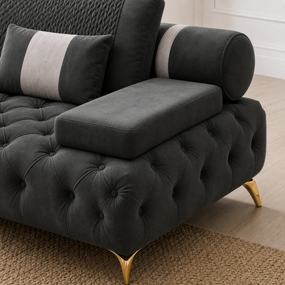 Detail view of Solace - 3+2+1 Sofa Set upholstery, seams, base, and legs