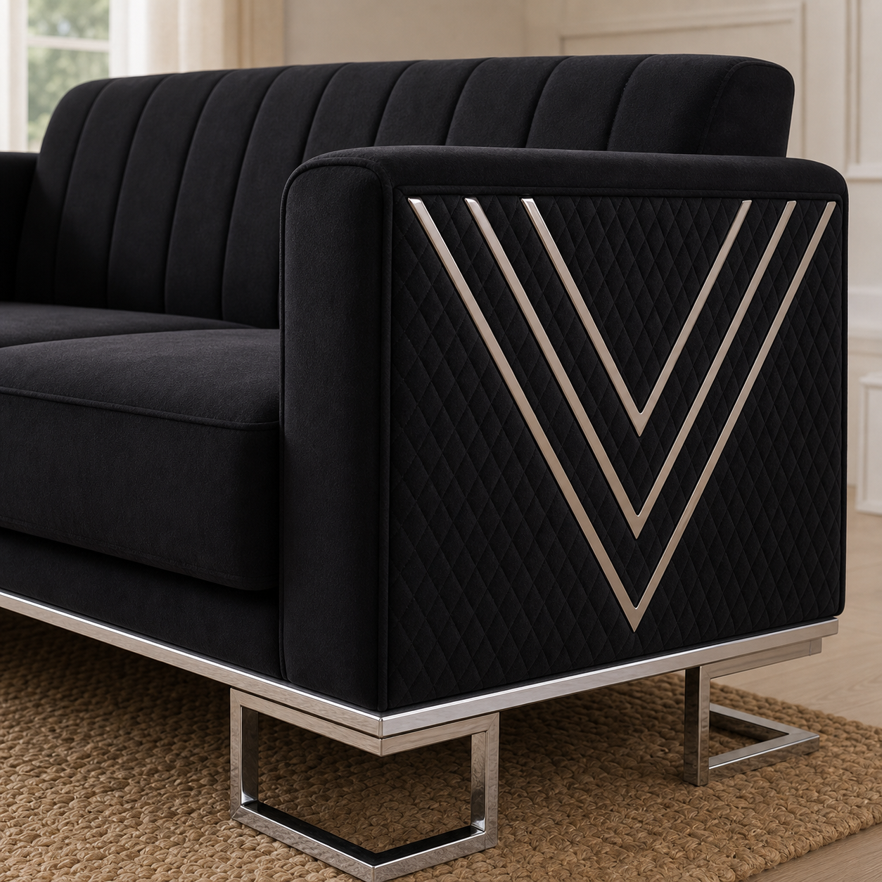 Detail view of Solis - 3+2+1 Sofa Set upholstery, seams, base, and legs