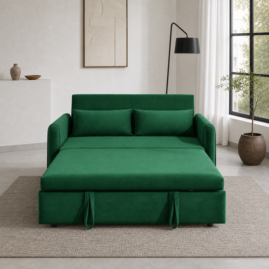 Soran - Sofa bed, front view verifying the fully open footprint