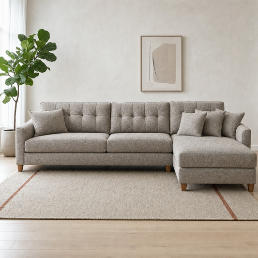 Spark - L shape sectional sofa in grey-taupe tweed, front view in a modern living room