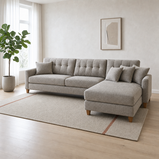 Spark - L shape sectional sofa, three-quarter view showing the chaise and depth