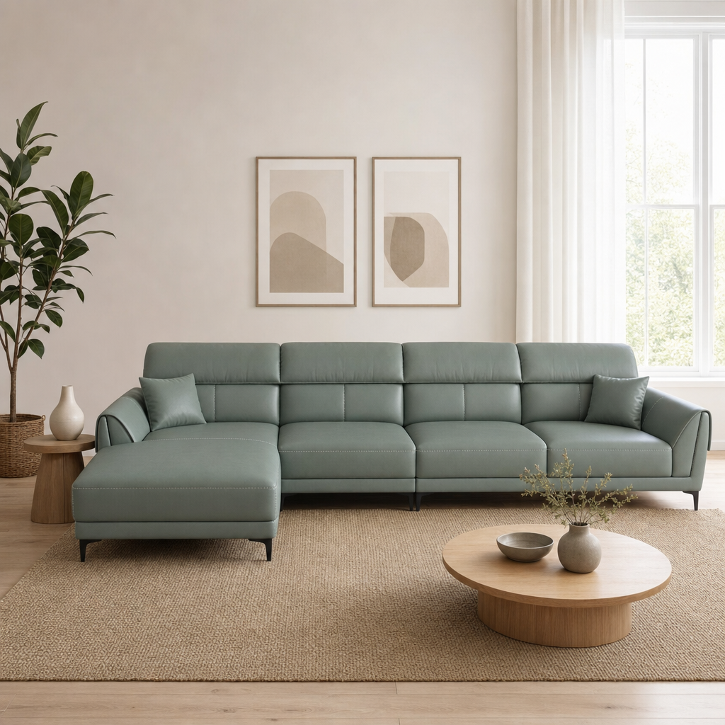Tango - L shape sectional sofa in sage-green leathaire, front view in a modern living room