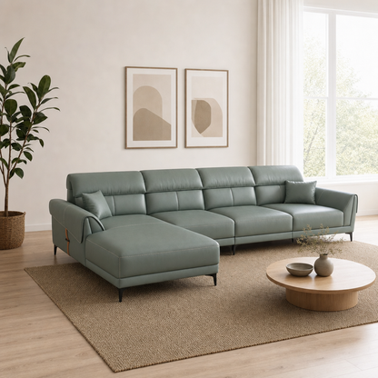 Tango - L shape sectional sofa, three-quarter view showing the chaise and depth