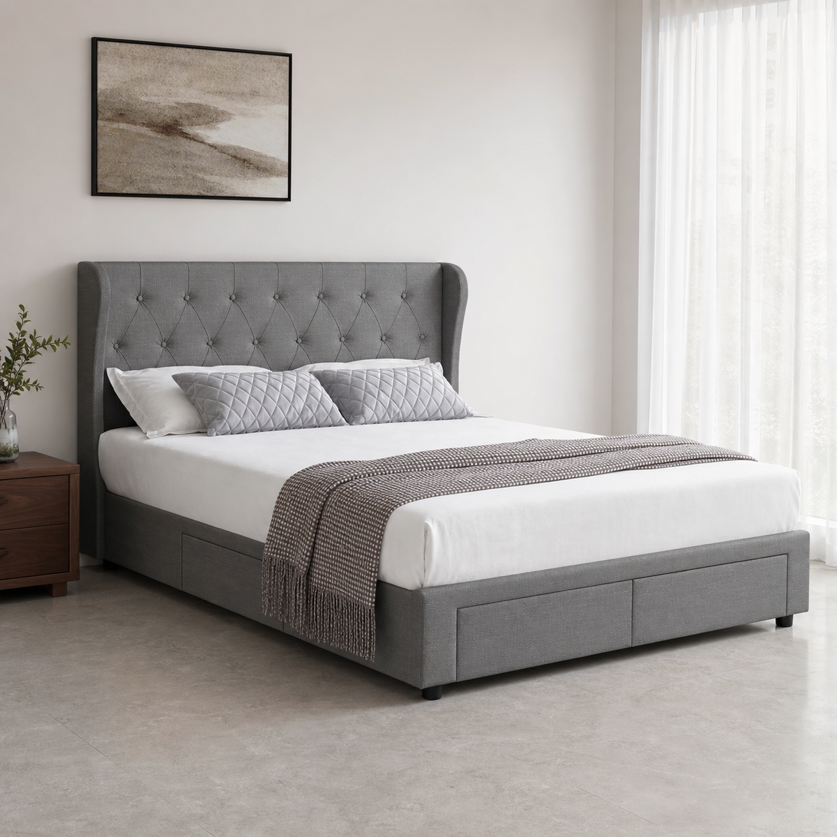 Tara - Bed, complete front three-quarter bed view in a restrained bedroom