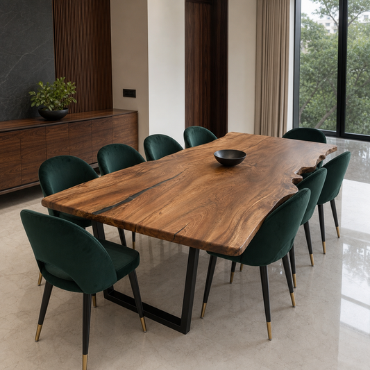 Teal - Wooden Top Dining Table, complete front three-quarter dining view in a contemporary room