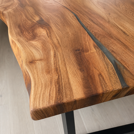 Teal - Wooden Top Dining Table, close tabletop and construction detail