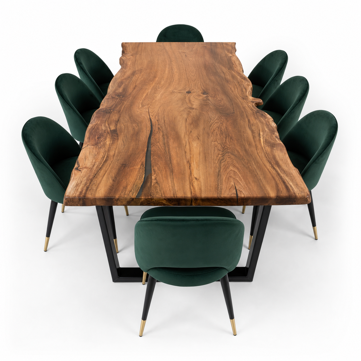 Teal - Wooden Top Dining Table, complete set front three-quarter studio view