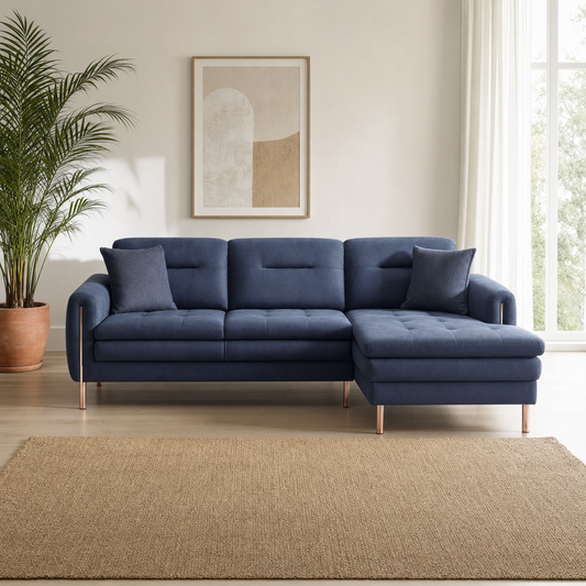 Terra - L shape sectional sofa in deep navy-blue suede, front view in a modern living room
