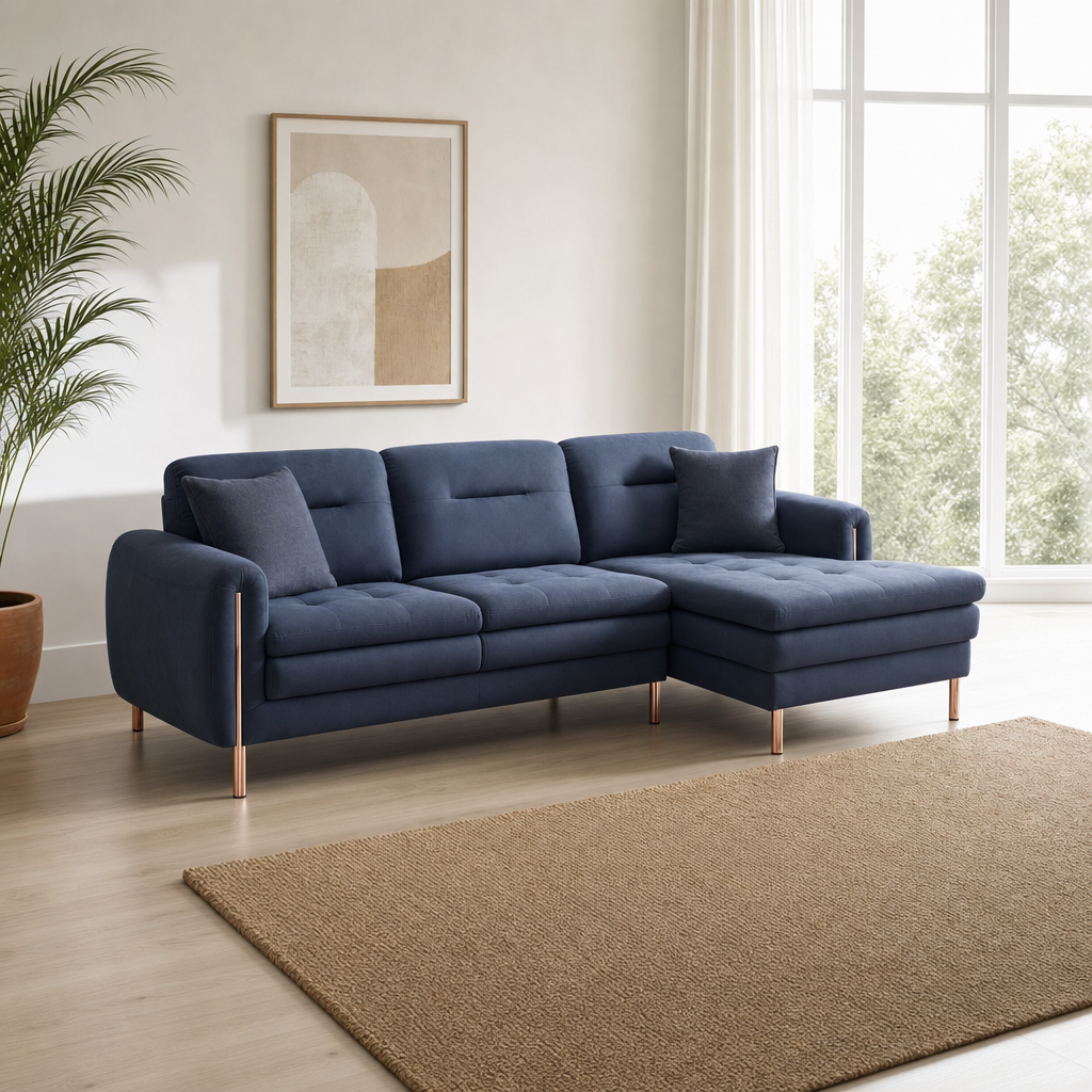 Terra - L shape sectional sofa, three-quarter view showing the chaise and depth