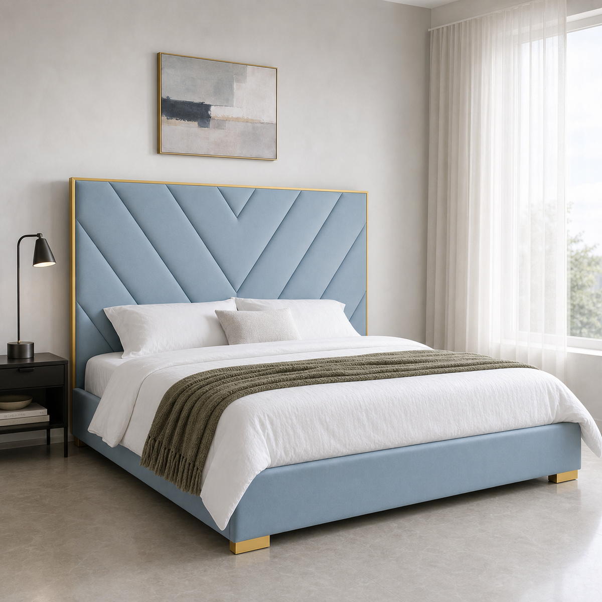 Tess - Bed, closer made-bed view showing the complete frame construction