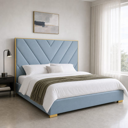 Tess - Bed, closer made-bed view showing the complete frame construction