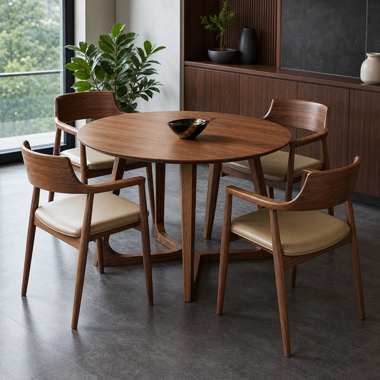 Thane - Wooden Top Dining Table, complete front three-quarter dining view in a contemporary room