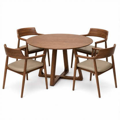 Thane - Wooden Top Dining Table, complete set front three-quarter studio view