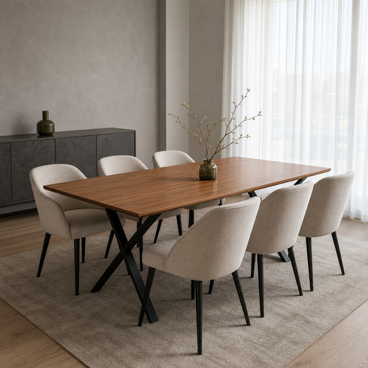 Elora - Wooden Top Dining Table, complete front three-quarter dining view in a contemporary room