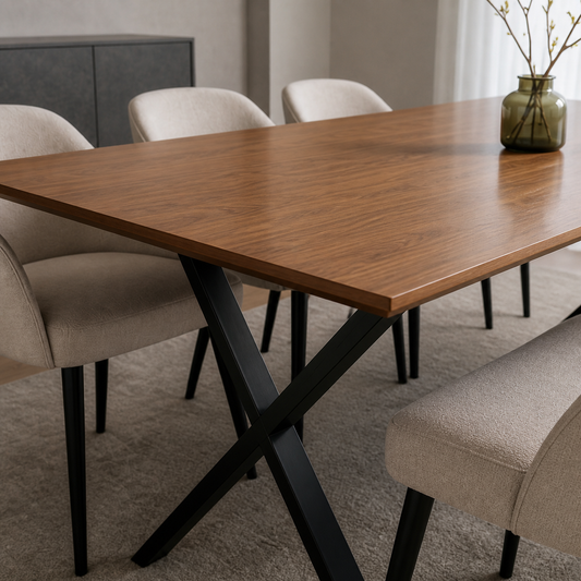Elora - Wooden Top Dining Table, close tabletop and construction detail