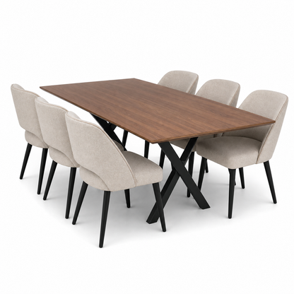 Elora - Wooden Top Dining Table, complete set front three-quarter studio view