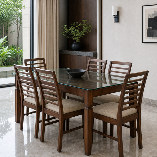 Theo - Wooden Top Dining Table, complete front three-quarter dining view in a contemporary room