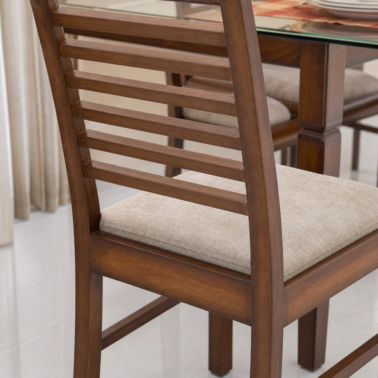 Theo - Wooden Top Dining Table, close chair, seating, or base construction detail