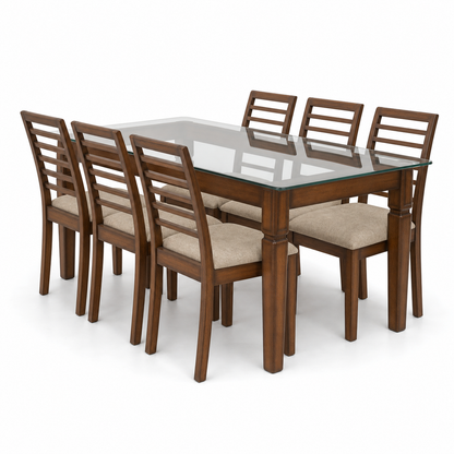 Theo - Wooden Top Dining Table, complete set front three-quarter studio view