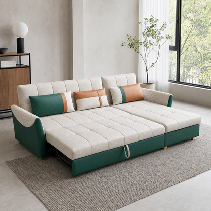 Theon - Sofa bed, fully open sofa-bed hero in a contemporary living room
