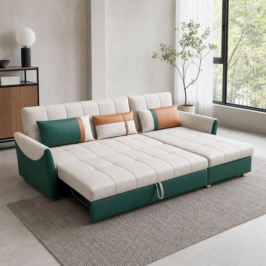 Theon - Sofa bed, fully open sofa-bed hero in a contemporary living room