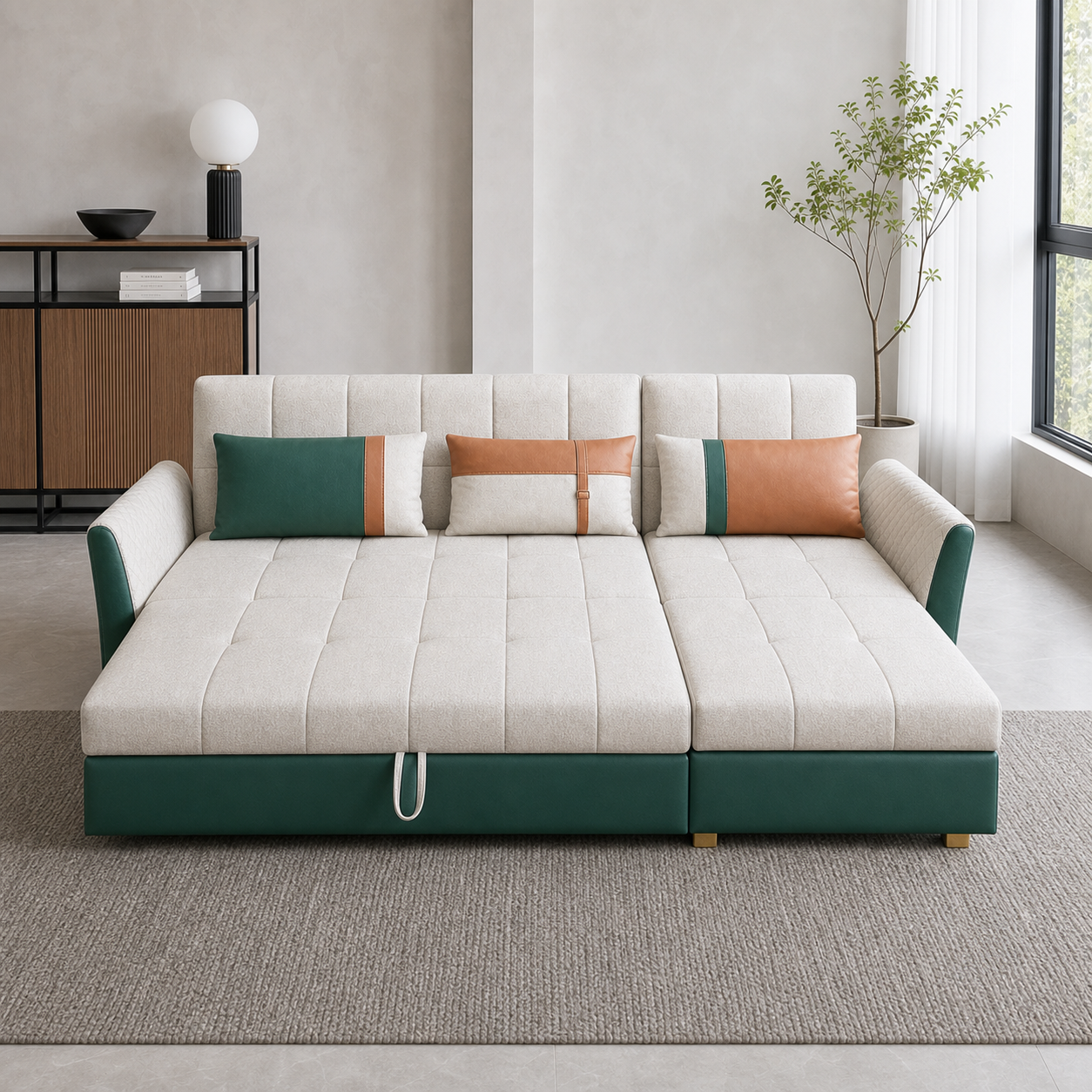 Theon - Sofa bed, front view verifying the fully open footprint