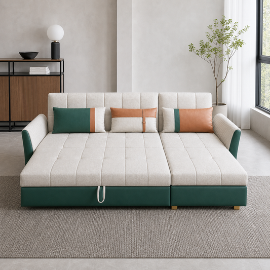 Theon - Sofa bed, front view verifying the fully open footprint
