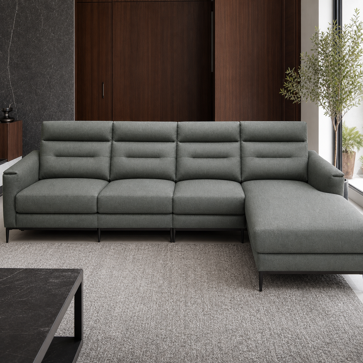 Timber Recliner upholstery and reclining detail