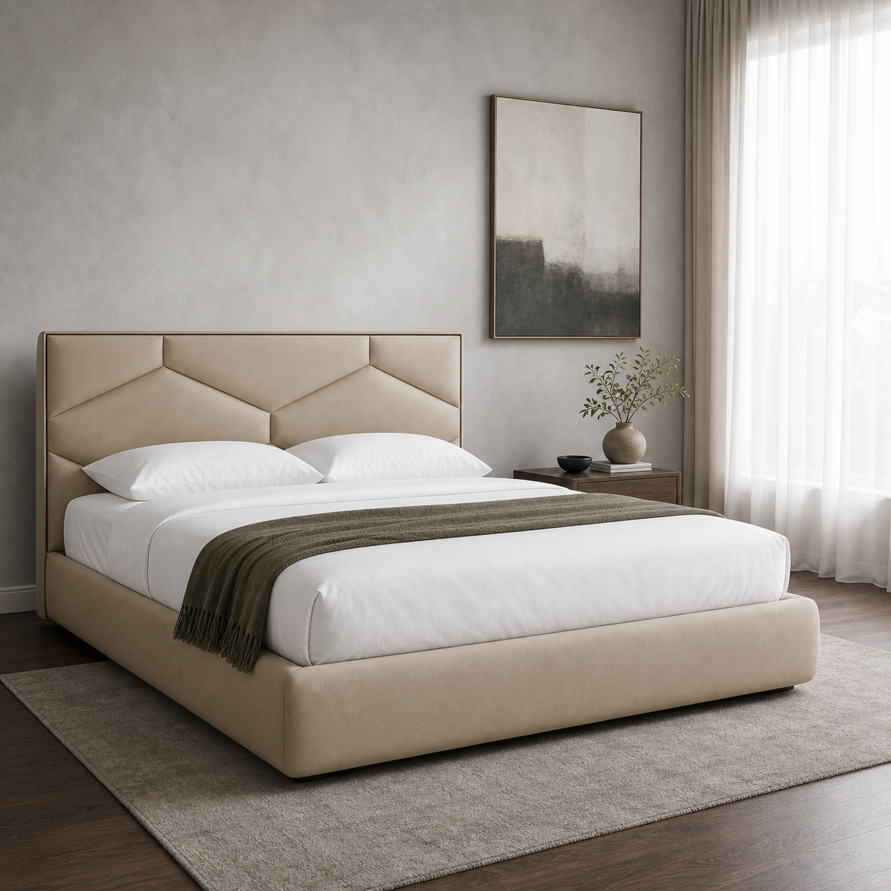 Tori - Bed, closer made-bed view showing the complete frame construction