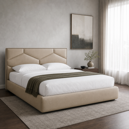 Tori - Bed, closer made-bed view showing the complete frame construction