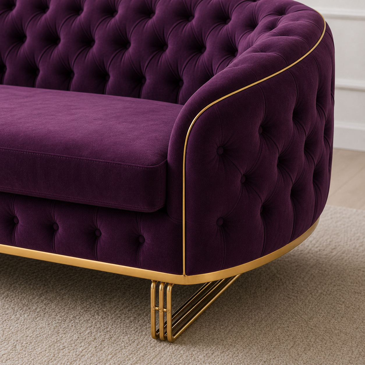 Detail view of Umber - 3+2+1 Sofa Set upholstery, seams, base, and legs