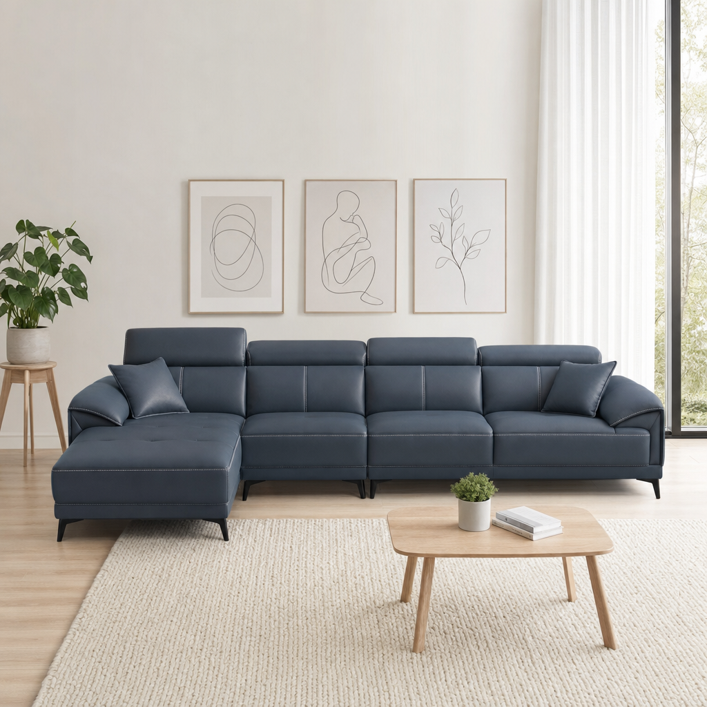 Unity - L shape sectional sofa in dark slate-blue leathaire, front view in a modern living room
