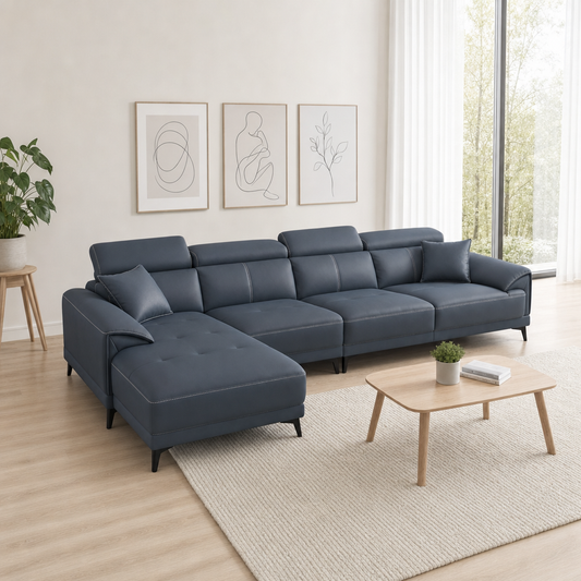 Unity - L shape sectional sofa, three-quarter view showing the chaise and depth