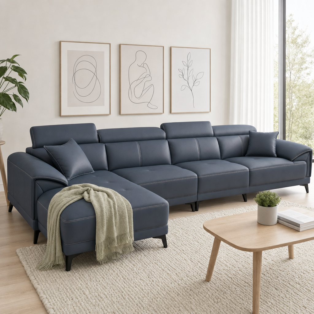 Unity - L shape sectional sofa styled with a sage-green throw