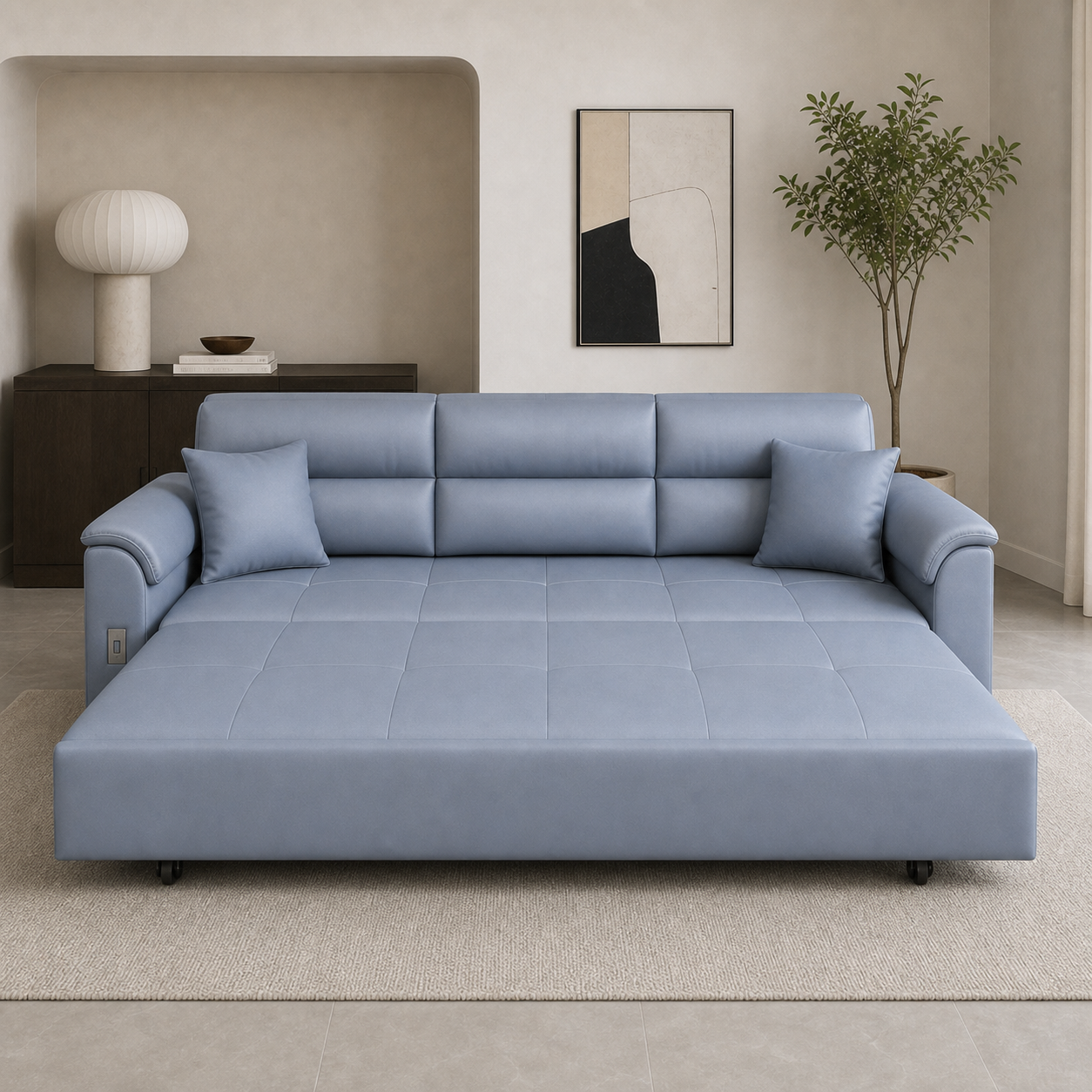 Urden - Sofa bed, front view verifying the fully open footprint