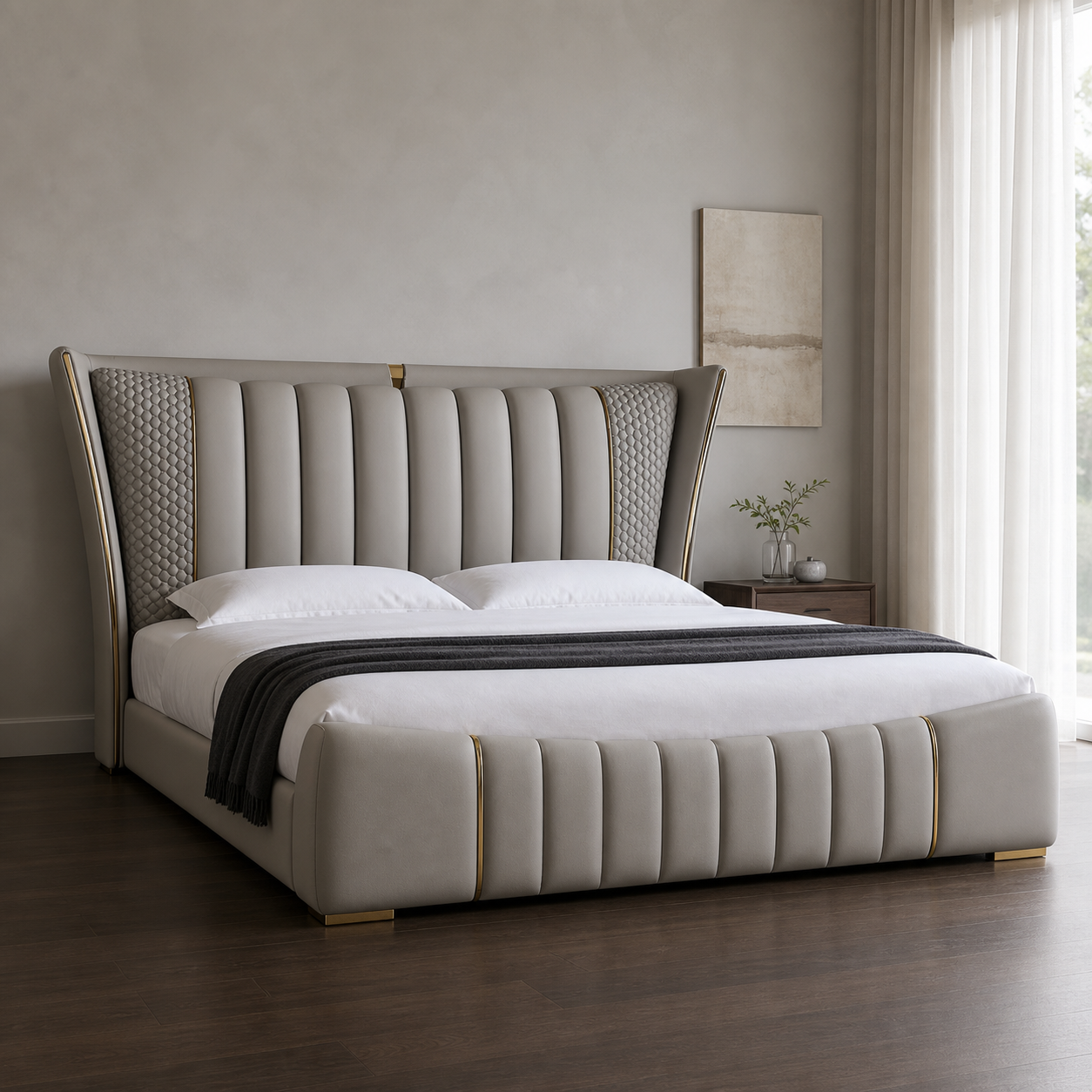Ursa - Bed, complete front three-quarter bed view in a restrained bedroom